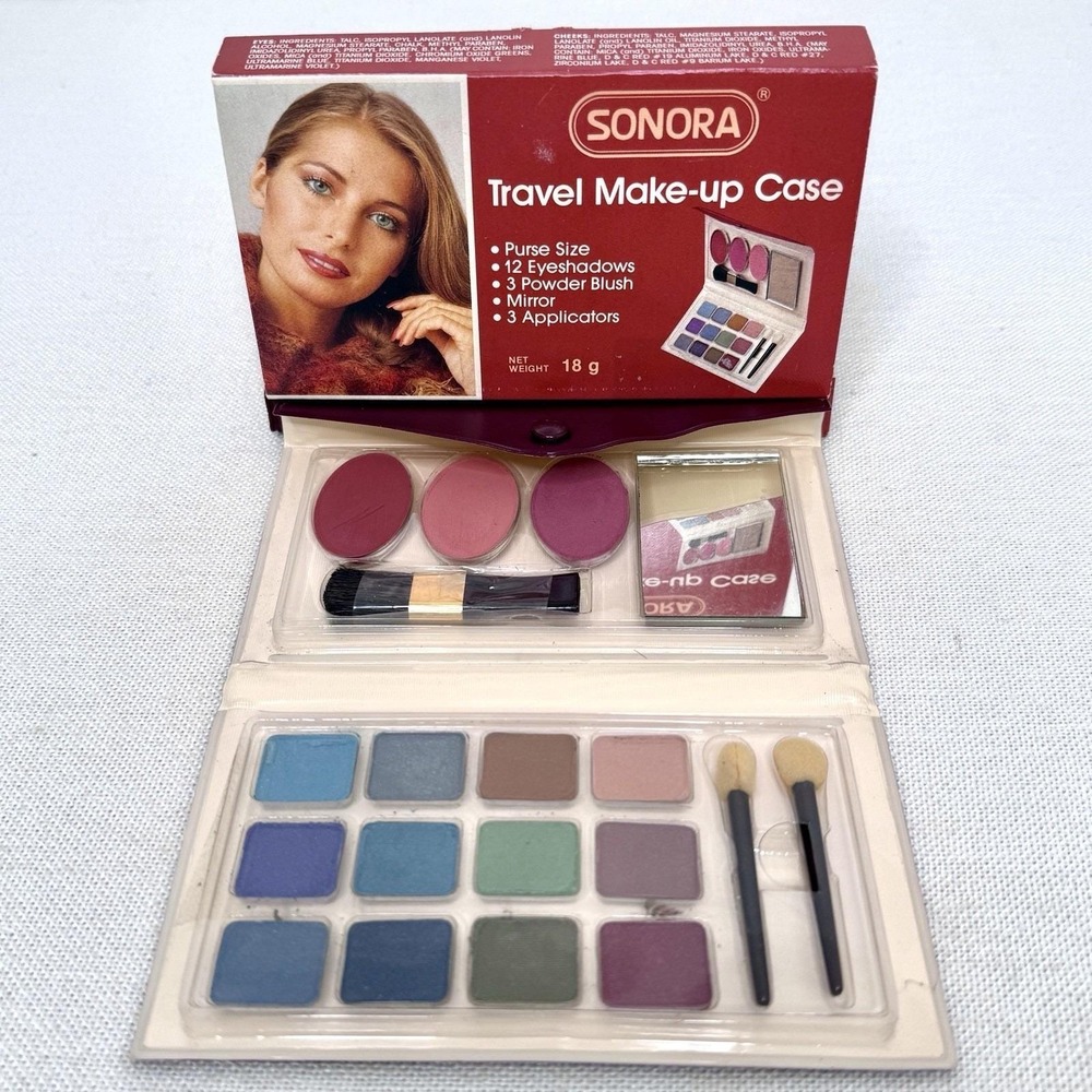 VTG Sonora Brand Makeup Palette Travel Compact 12 Soft Shadows 3 Blush 80's New - Picture 1 of 16